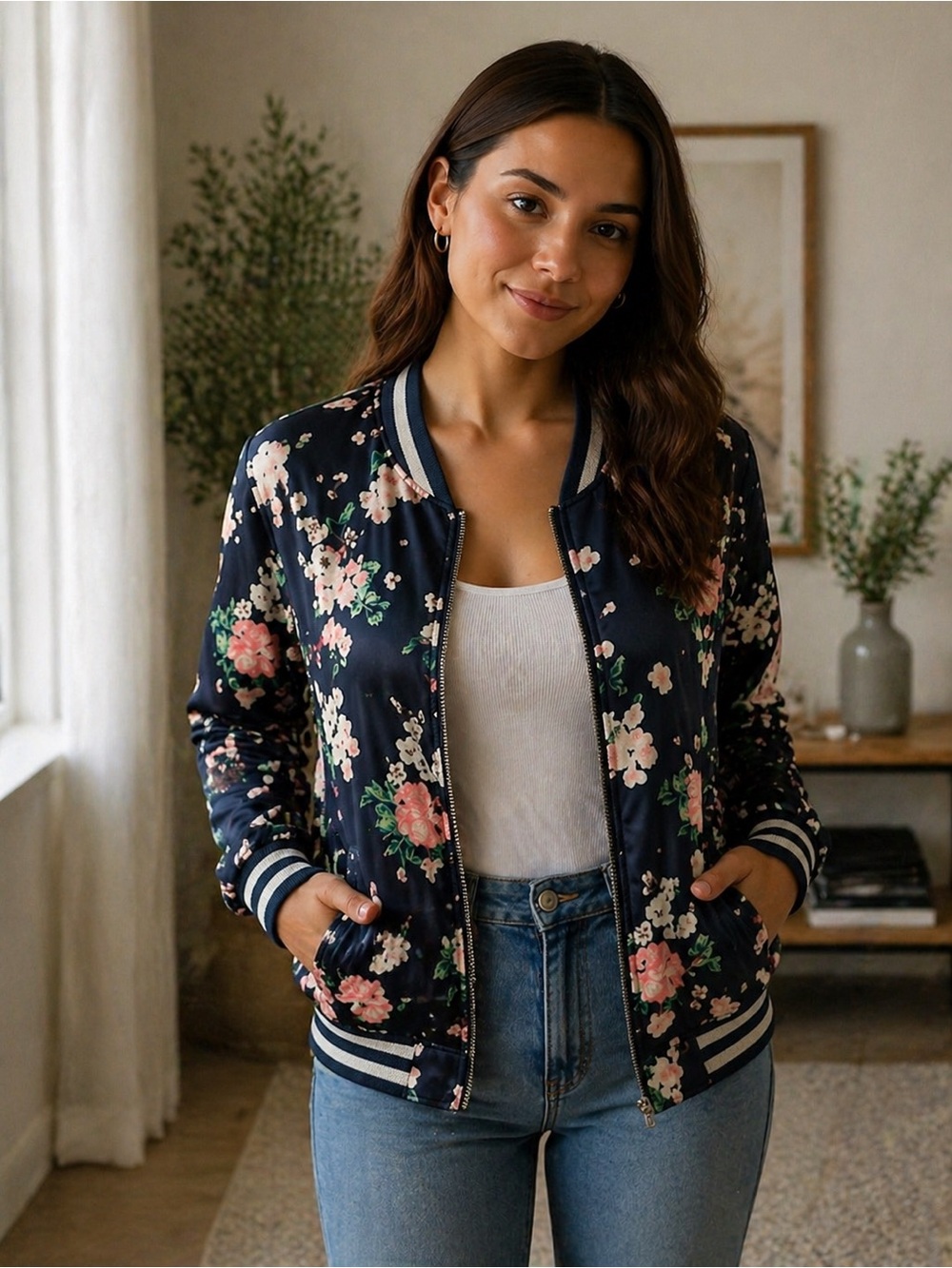 H&M Navy Floral Bomber Jacket with Pink and Cream Flowers, size 12